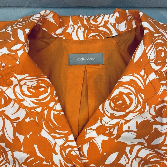Liz Claiborne Jacket Women's Size 1X Orange/White Rose Swirl Print Short Trench - Picture 13 of 13